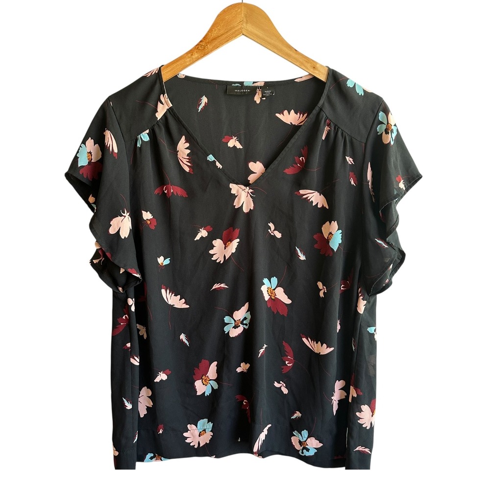 Halogen Top Black Floral‎ Flutter Sleeve Fairy  Large